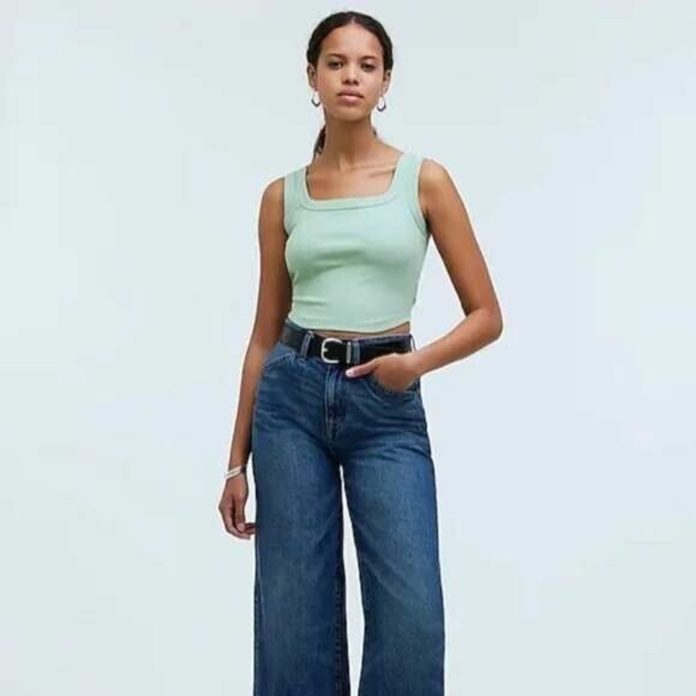 Madewell Ribbed Crop Tank Top Square Neck Sleeveless Casual‎ Green XS